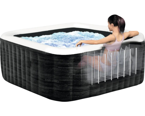 Aufblasbarer Whirlpool mit Frau im Wasser und Schnittansicht der Struktur