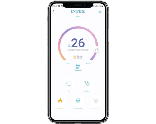 Intex Spa App-Oberfläche auf einem Smartphone: Temperaturregelung, Zeitplan und Funktionen.