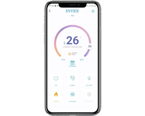 Vue smartphone de l'application Intex Spa pour contrôler la température, les horaires et les fonctions