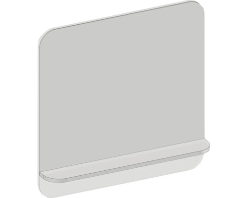 Miroir mural rectangulaire avec tablette intégrée et coins arrondis.