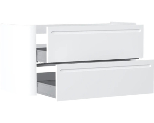 Weisser Waschbeckenunterschrank mit zwei Schubladen und integrierten Griffmulden.