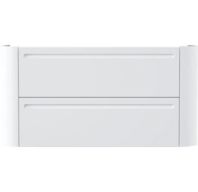 Weißer Waschbeckenunterschrank mit zwei Schubladen und Griffmulden.