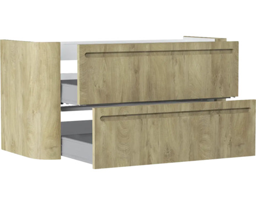Waschtischunterschrank mit zwei Schubladen in Holzoptik und integrierten Griffleisten.