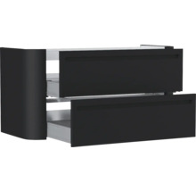 Schwarzer Waschbeckenunterschrank mit zwei Schubladen und integrierten Griffmulden.