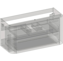 Waschtischunterschrank mit zwei Schubladen und abgerundeten Seiten in einer technischen transparenten Darstellung.