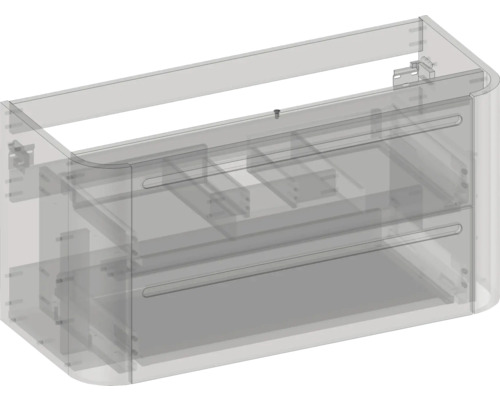 Waschtischunterschrank mit zwei Schubladen und abgerundeten Seiten in einer technischen transparenten Darstellung.