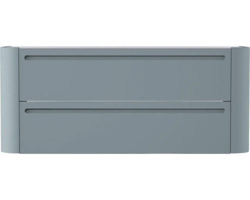 Waschtischunterschrank mit zwei Schubladen und Griffmulden in Grau.