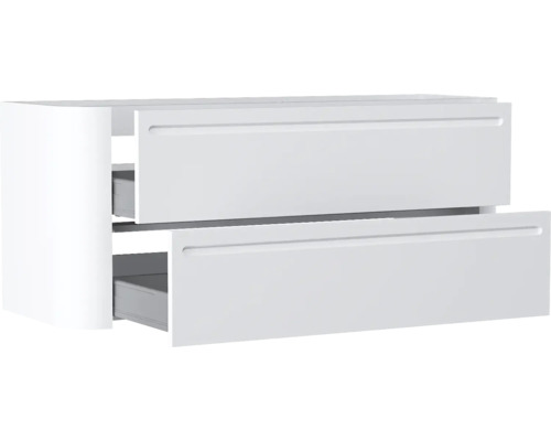 Waschtischunterschrank in Weiss mit zwei Schubladen und integrierten Griffmulden.