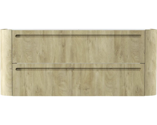 Waschtischunterschrank in Eiche-Optik mit zwei Schubladen und Griffmulden.