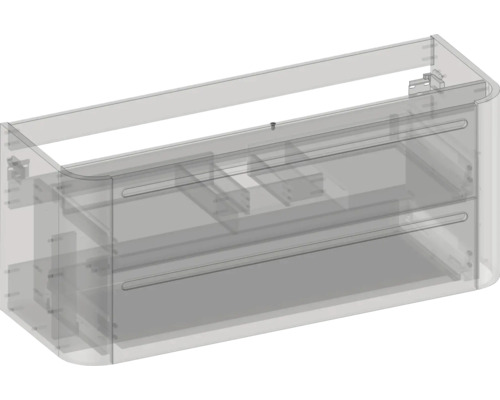 Waschtischunterschrank mit zwei Schubladen und abgerundeten Ecken, transparente technische Darstellung.