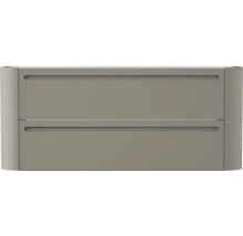 Moderner Waschbeckenunterschrank mit zwei Schubladen, integrierten Griffmulden und abgerundeten Seitenpaneelen.