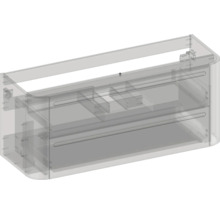 Waschtischunterschrank mit zwei Schubladen und abgerundeten Ecken in transparenter Ansicht.