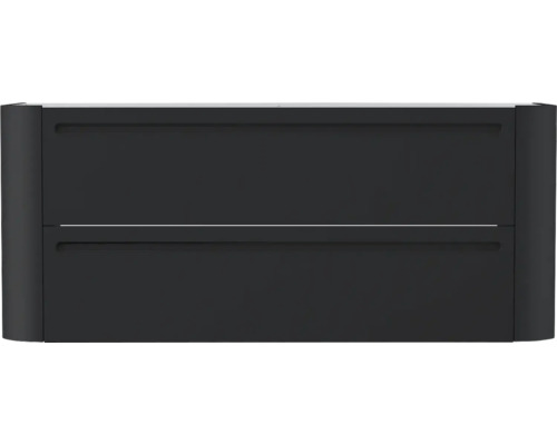 Waschtischunterschrank in Anthrazit mit zwei Schubladen und abgerundeten Seitenwänden.