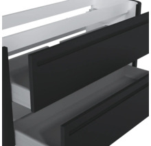 Waschtischunterschrank mit zwei schwarzen Schubladen, integrierten Griffmulden und weißem Innenleben.