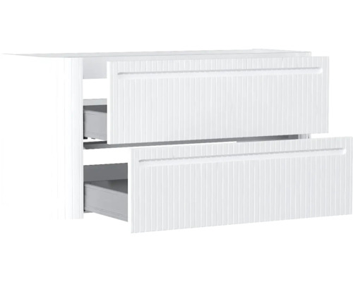 Weißer Waschbeckenunterschrank mit zwei Schubladen und vertikalem Rillendesign, Schubladen leicht geöffnet.