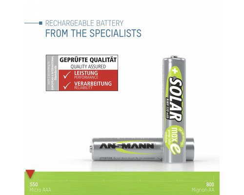 Ansmann Solar Akkus, Typ Micro AAA und Mignon AA, mit dem Qualitätsversprechen für Leistung und Zuverlässigkeit