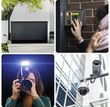 Collage verschiedener Sicherheitsvorkehrungen: Garagentor, Gegensprechanlage, Kamera und Überwachungskamera