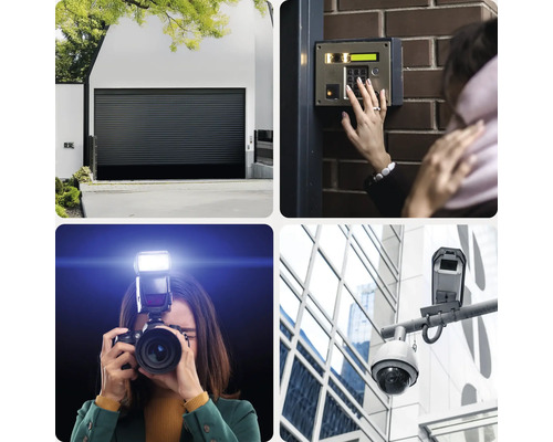 Collage verschiedener Sicherheitsvorkehrungen: Garagentor, Gegensprechanlage, Kamera und Überwachungskamera