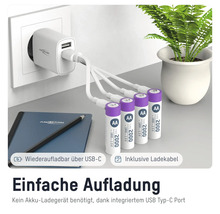 Wiederaufladbare AA-Batterien mit USB-C-Ladefunktion und Ladekabel