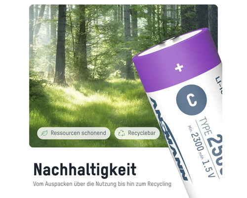 Ansmann C Batterie mit dem Hinweis auf Ressourcenschonung und Recyclingfähigkeit