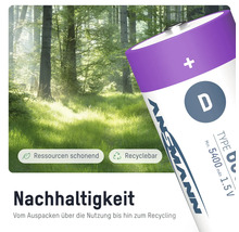 Ansmann D Batterie mit dem Hinweis auf Ressourcenschonung und Recyclingfähigkeit