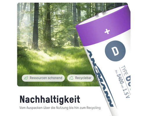 Ansmann D Batterie mit dem Hinweis auf Ressourcenschonung und Recyclingfähigkeit