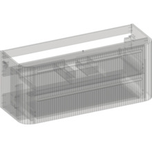 Waschtischunterschrank mit zwei Schubladen, abgerundeten Ecken und gerillter Front in transparenter technischer Darstellung.