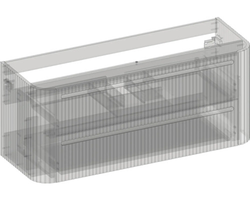 Waschtischunterschrank mit zwei Schubladen, abgerundeten Ecken und gerillter Front in transparenter technischer Darstellung.
