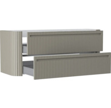 Waschtischunterschrank mit zwei Schubladen, geriffelte Front, untere Schublade geöffnet.