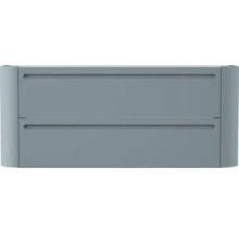 Badezimmer-Unterschrank mit zwei Schubladen und integrierten Griffmulden in Mattblau.