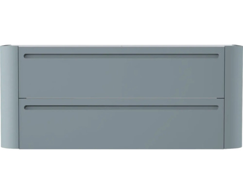 Badezimmer-Unterschrank mit zwei Schubladen und integrierten Griffmulden in Mattblau.