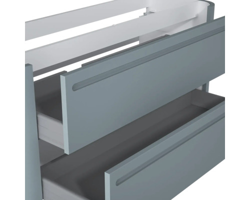 Moderner blaugrauer Waschtischunterschrank mit zwei geöffneten Schubladen und integrierten Griffmulden.