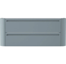 Badunterschrank mit zwei Schubladen und Griffmulden in Blau-Grau mit abgerundeten Seitenteilen.