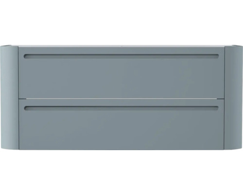 Badunterschrank mit zwei Schubladen und Griffmulden in Blau-Grau mit abgerundeten Seitenteilen.