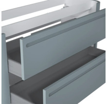 Waschtischunterschrank mit zwei Auszügen und integrierten Griffmulden in Grau.