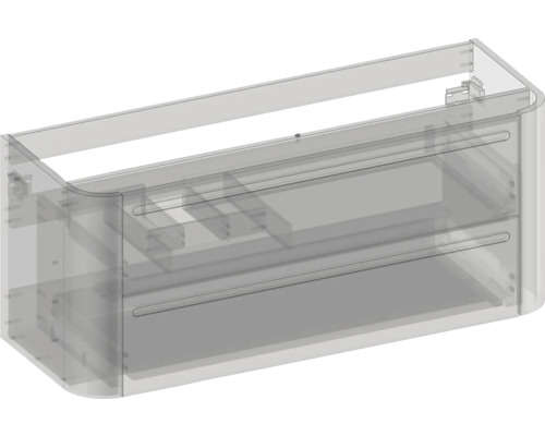 Waschbeckenunterschrank in transparenter Darstellung mit zwei Schubladen und abgerundeten Ecken.
