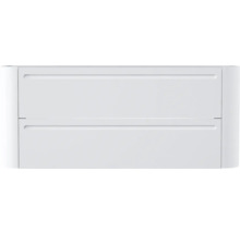 Weißer Badunterschrank mit zwei Schubladen und integrierten Griffmulden.