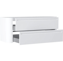 Waschbeckenunterschrank mit zwei Schubladen in Weiss und integrierten Griffmulden.