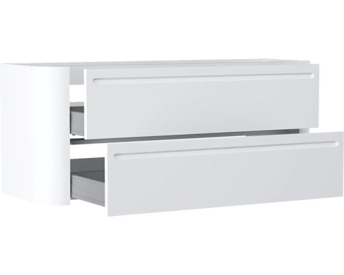 Waschbeckenunterschrank mit zwei Schubladen in Weiss und integrierten Griffmulden.