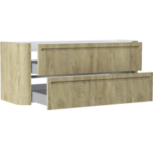 Waschbeckenunterschrank mit zwei Schubladen in Holzoptik und integrierten Griffmulden.