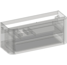 Transparente 3D-Ansicht eines wandhängenden Waschtischunterschranks mit zwei Schubladen und abgerundeten Seitenwänden.