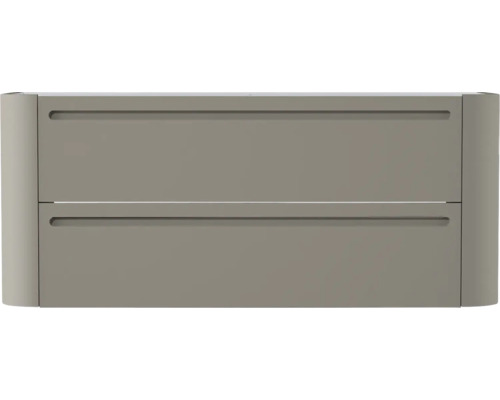 Waschbeckenunterschrank mit zwei Schubladen, matte Oberfläche, abgerundete Seiten und integrierte Griffmulden.