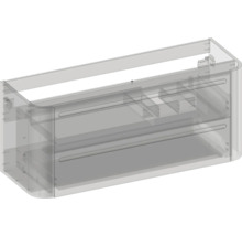 Transparente Darstellung eines Waschbeckenunterschranks mit zwei Schubladen und abgerundeten Ecken.