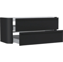 Waschtischunterschrank wandhängend in Schwarz mit zwei Schubladen und abgerundeter Kante.