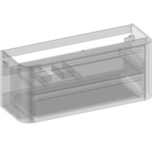 Transparente Darstellung eines wandhängenden Waschtischunterschranks mit zwei Schubladen und abgerundeten Seitenwänden.