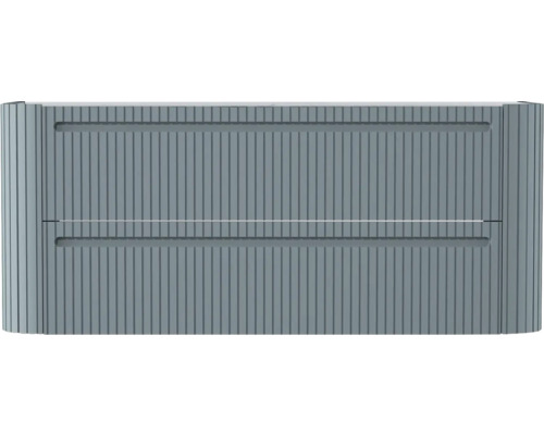 Graue Badunterschrank-Front mit zwei Schubladen und geriffelter Oberflächenstruktur.