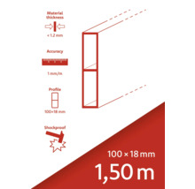 Épaisseur du matériau inférieure à 1,2 mm, précision 1 mm par mètre, profilé 100 x 18 mm, antichoc, longueur 1,50 mètre