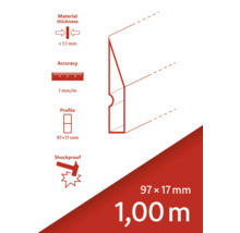Dessin technique d'un profilé décoratif indiquant l'épaisseur du matériau, la précision, le profilé et la résistance aux chocs