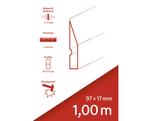 Dessin technique d'un profilé décoratif indiquant l'épaisseur du matériau, la précision, le profilé et la résistance aux chocs