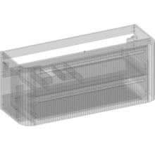 Waschtischunterschrank mit abgerundeten Ecken, zwei Schubladen und vertikal geriffelter Front in technischer Darstellung.